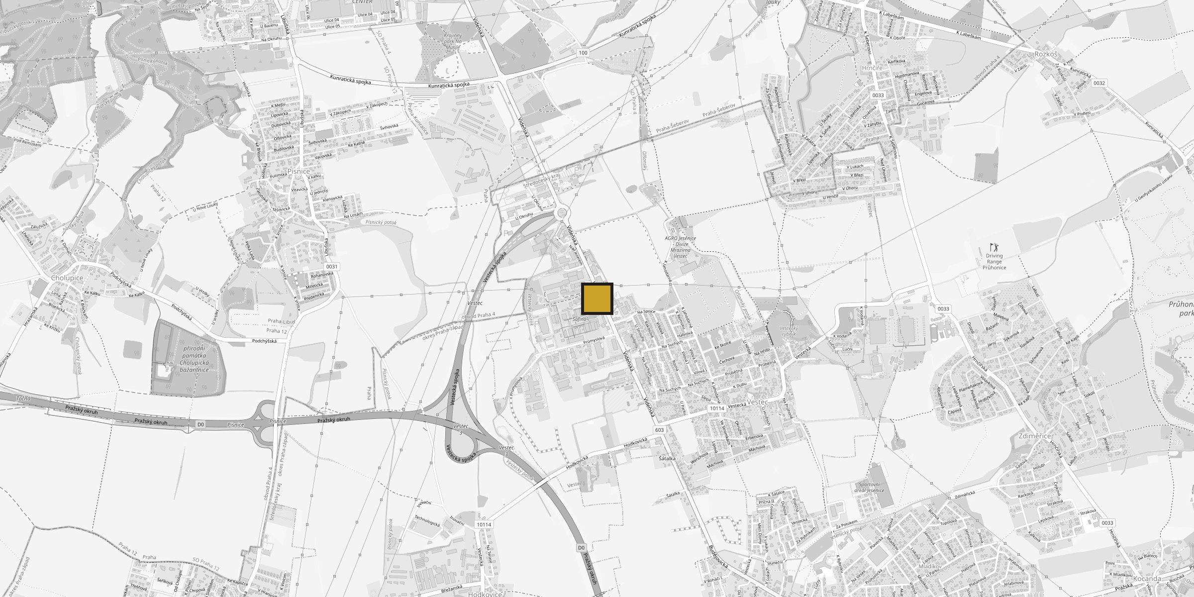 Mapa s vyznačením provozovny, Vestec a okolí